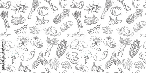 Seamless background pattern of organic farm fresh fruits and vegetables