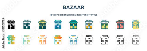 bazaar icon in 18 different styles such as thin line, thick line, two color, glyph, colorful, lineal color, detailed, stroke and gradient. set of bazaar vector for web, mobile, ui