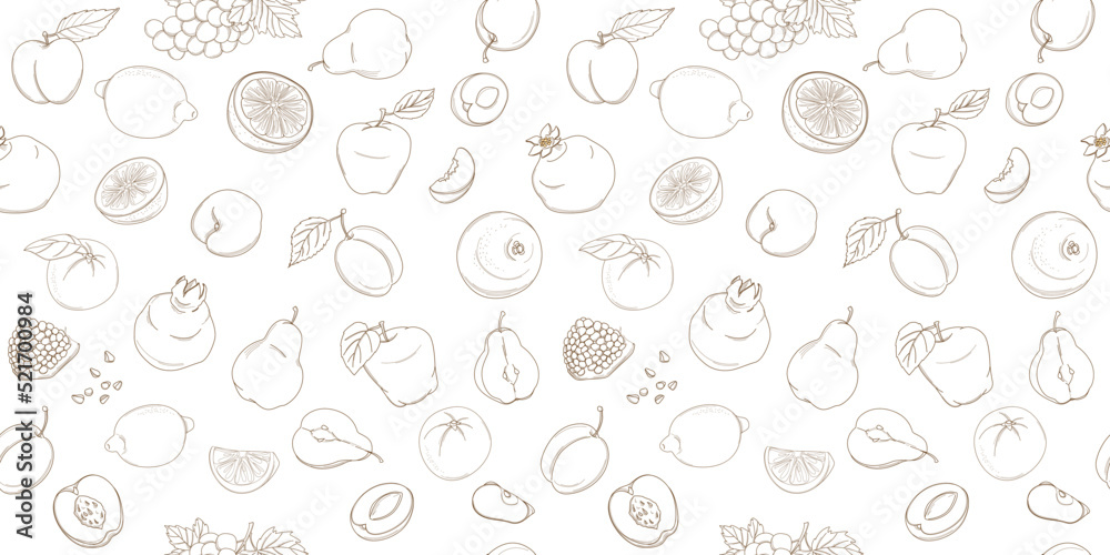 Outline hand drawn seamless colorfull fruit pattern (flat style, thin line).Peach, pear, plum, orange, lemon, grapefruit, grape, pomegranate, apple Outline hand drawn seamless colorfull fruit pattern (flat style, thin line).Peach, pear, plum, orange, lemon, grapefruit, grape, pomegranate, apple