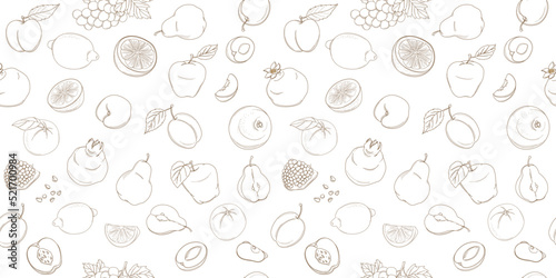 Outline hand drawn seamless colorfull fruit pattern  flat style  thin line .Peach  pear  plum  orange  lemon  grapefruit  grape  pomegranate  apple