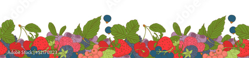 Berries mix seamless border frame of cherry, currant, blueberry,