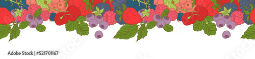 Berries mix seamless border frame of cherry, currant, blueberry,