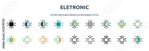 eletronic icon in 18 different styles such as thin line, thick line, two color, glyph, colorful, lineal color, detailed, stroke and gradient. set of eletronic vector for web, mobile, ui