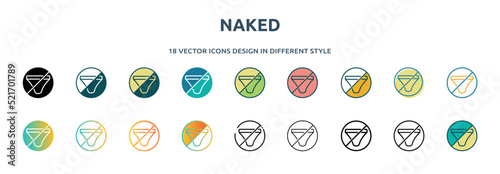 naked icon in 18 different styles such as thin line, thick line, two color, glyph, colorful, lineal color, detailed, stroke and gradient. set of naked vector for web, mobile, ui