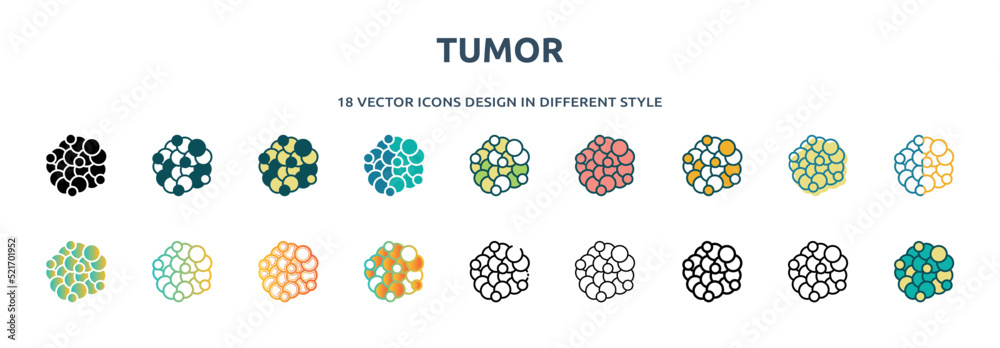 tumor icon in 18 different styles such as thin line, thick line, two color, glyph, colorful, lineal color, detailed, stroke and gradient. set of tumor vector for web, mobile, ui - obrazy, fototapety, plakaty 