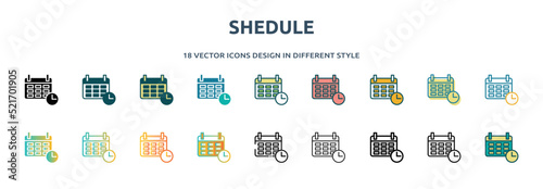 shedule icon in 18 different styles such as thin line, thick line, two color, glyph, colorful, lineal color, detailed, stroke and gradient. set of shedule vector for web, mobile, ui