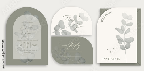 Modern wedding invitation, green wedding invitation template, arch shape with watercolor eucalyptus leaf and handmade calligraphy