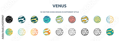venus icon in 18 different styles such as thin line, thick line, two color, glyph, colorful, lineal color, detailed, stroke and gradient. set of venus vector for web, mobile, ui