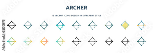 archer icon in 18 different styles such as thin line, thick line, two color, glyph, colorful, lineal color, detailed, stroke and gradient. set of archer vector for web, mobile, ui