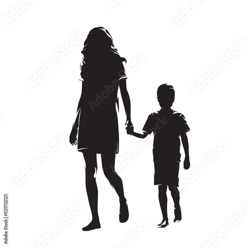 Mom and son walk forward holding hands. Mother-son relationship, trust. Isolated vector silhouette