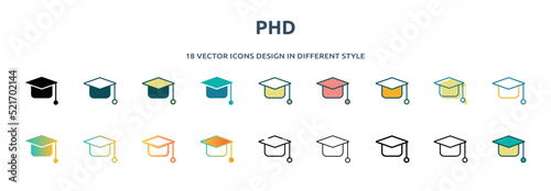 phd icon in 18 different styles such as thin line, thick line, two color, glyph, colorful, lineal color, detailed, stroke and gradient. set of phd vector for web, mobile, ui