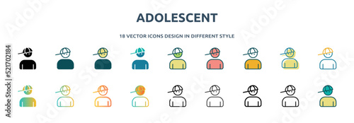 adolescent icon in 18 different styles such as thin line, thick line, two color, glyph, colorful, lineal color, detailed, stroke and gradient. set of adolescent vector for web, mobile, ui