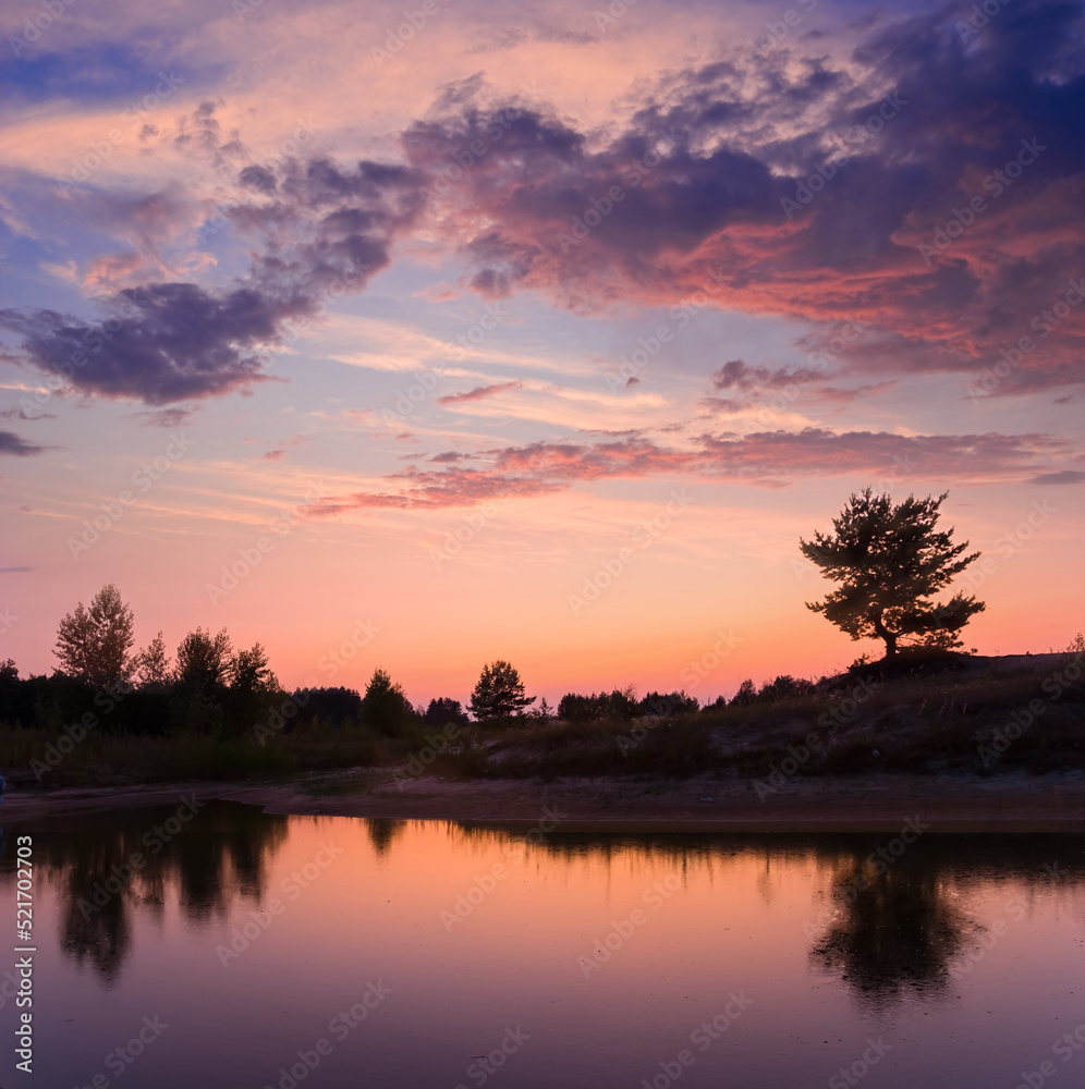 calm lake with tree silhouette on coast at the twilight