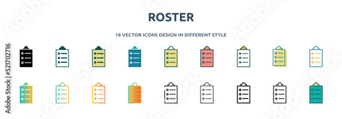 roster icon in 18 different styles such as thin line, thick line, two color, glyph, colorful, lineal color, detailed, stroke and gradient. set of roster vector for web, mobile, ui photo