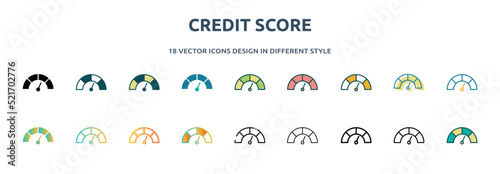 credit score icon in 18 different styles such as thin line, thick line, two color, glyph, colorful, lineal color, detailed, stroke and gradient. set of credit score vector for web, mobile, ui