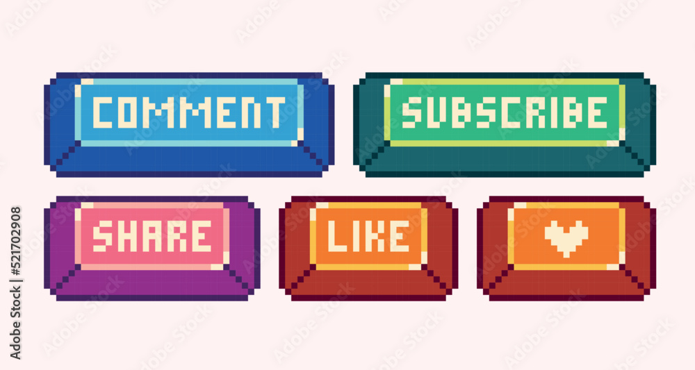 Social media banner pixel art set. Like, subscribe, comment, share buttons collection. 8 bit sprite. Game development, mobile app. Isolated vector illustration. Social media banner pixel art set. Like, subscribe, comment, share buttons collection. 8 bit sprite. Game development, mobile app. Isolated vector illustration.
