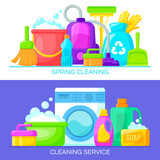 Set of spring cleaning banners. Set of cleaning service posters. Vector illustration
