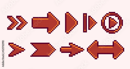 Arrows pixel art set. Play, next, forward buttons collection. 8 bit sprite. Game development, mobile app.  Isolated vector illustration.