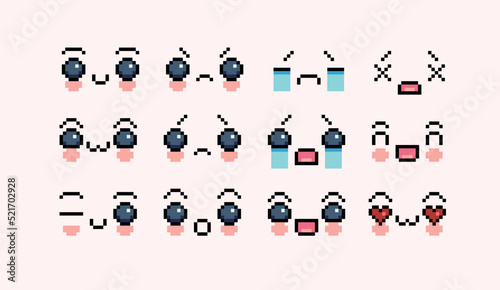 Kawaii face pixel art set. Cute emotions, expressions collection. 8 bit sprite. Game development, mobile app.  Isolated vector illustration.