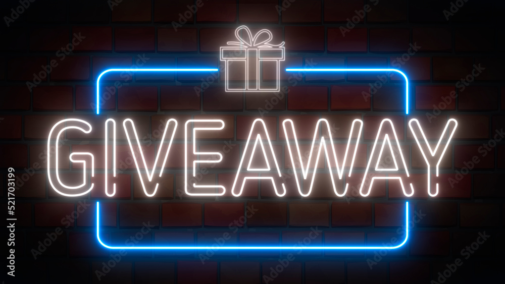 Giveaway neon sign in a frame with a giftbox on a brick background. Animation glowing neon line text Giveaway. Giveaway neon sign in a frame with a giftbox on a brick background. Animation glowing neon line text Giveaway.