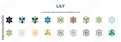 lily icon in 18 different styles such as thin line, thick line, two color, glyph, colorful, lineal color, detailed, stroke and gradient. set of lily vector for web, mobile, ui