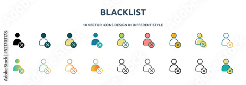 blacklist icon in 18 different styles such as thin line, thick line, two color, glyph, colorful, lineal color, detailed, stroke and gradient. set of blacklist vector for web, mobile, ui