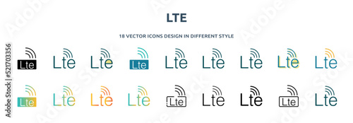 lte icon in 18 different styles such as thin line, thick line, two color, glyph, colorful, lineal color, detailed, stroke and gradient. set of lte vector for web, mobile, ui