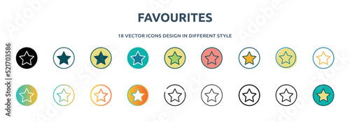 favourites icon in 18 different styles such as thin line, thick line, two color, glyph, colorful, lineal color, detailed, stroke and gradient. set of favourites vector for web, mobile, ui