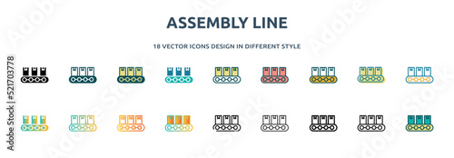 assembly line icon in 18 different styles such as thin line, thick line, two color, glyph, colorful, lineal color, detailed, stroke and gradient. set of assembly vector for web, mobile, ui