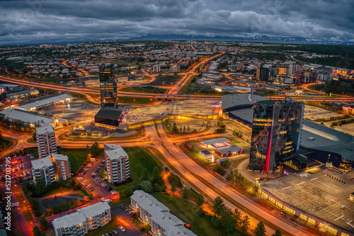 Aerial view of the Kópavogur Business District at Night during Summer