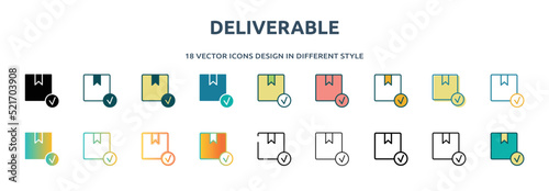 deliverable icon in 18 different styles such as thin line, thick line, two color, glyph, colorful, lineal color, detailed, stroke and gradient. set of deliverable vector for web, mobile, ui photo