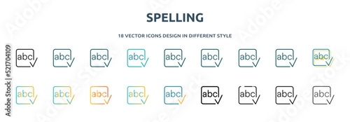 spelling icon in 18 different styles such as thin line, thick line, two color, glyph, colorful, lineal color, detailed, stroke and gradient. set of spelling vector for web, mobile, ui