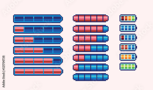 Menu interface with health bars pixel art set. Energy, mana, life, battery collection. 8 bit sprite. Game development, mobile app. Isolated vector illustration.