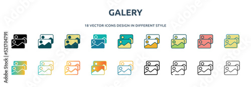 galery icon in 18 different styles such as thin line, thick line, two color, glyph, colorful, lineal color, detailed, stroke and gradient. set of galery vector for web, mobile, ui