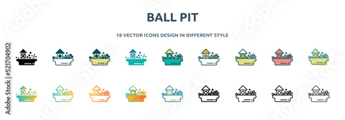 ball pit icon in 18 different styles such as thin line, thick line, two color, glyph, colorful, lineal color, detailed, stroke and gradient. set of ball pit vector for web, mobile, ui