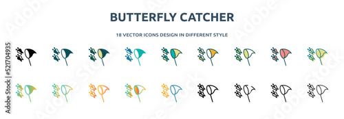butterfly catcher icon in 18 different styles such as thin line, thick line, two color, glyph, colorful, lineal color, detailed, stroke and gradient. set of butterfly catcher vector for web, mobile,