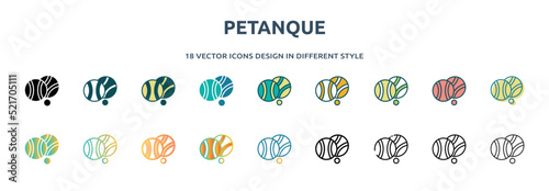petanque icon in 18 different styles such as thin line, thick line, two color, glyph, colorful, lineal color, detailed, stroke and gradient. set of petanque vector for web, mobile, ui photo