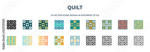quilt icon in 18 different styles such as thin line, thick line, two color, glyph, colorful, lineal color, detailed, stroke and gradient. set of quilt vector for web, mobile, ui