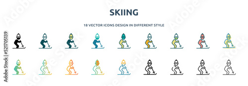 skiing icon in 18 different styles such as thin line, thick line, two color, glyph, colorful, lineal color, detailed, stroke and gradient. set of skiing vector for web, mobile, ui