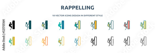 rappelling icon in 18 different styles such as thin line, thick line, two color, glyph, colorful, lineal color, detailed, stroke and gradient. set of rappelling vector for web, mobile, ui