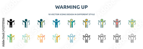 warming up icon in 18 different styles such as thin line, thick line, two color, glyph, colorful, lineal color, detailed, stroke and gradient. set of warming up vector for web, mobile, ui