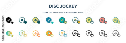disc jockey icon in 18 different styles such as thin line, thick line, two color, glyph, colorful, lineal color, detailed, stroke and gradient. set of disc jockey vector for web, mobile, ui