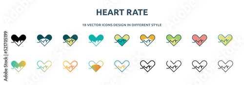 heart rate icon in 18 different styles such as thin line, thick line, two color, glyph, colorful, lineal color, detailed, stroke and gradient. set of heart rate vector for web, mobile, ui