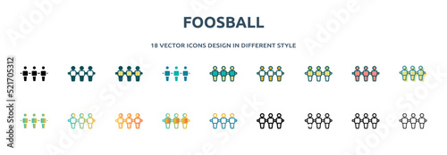 foosball icon in 18 different styles such as thin line, thick line, two color, glyph, colorful, lineal color, detailed, stroke and gradient. set of foosball vector for web, mobile, ui