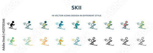 skii icon in 18 different styles such as thin line, thick line, two color, glyph, colorful, lineal color, detailed, stroke and gradient. set of skii vector for web, mobile, ui