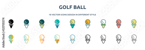 golf ball icon in 18 different styles such as thin line, thick line, two color, glyph, colorful, lineal color, detailed, stroke and gradient. set of golf ball vector for web, mobile, ui