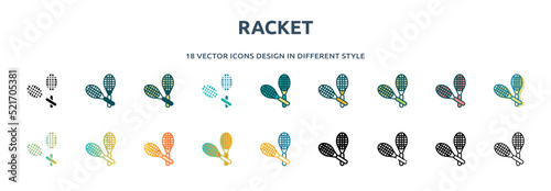 racket icon in 18 different styles such as thin line, thick line, two color, glyph, colorful, lineal color, detailed, stroke and gradient. set of racket vector for web, mobile, ui