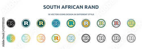 south african rand icon in 18 different styles such as thin line, thick line, two color, glyph, colorful, lineal color, detailed, stroke and gradient. set of south african rand vector for web,