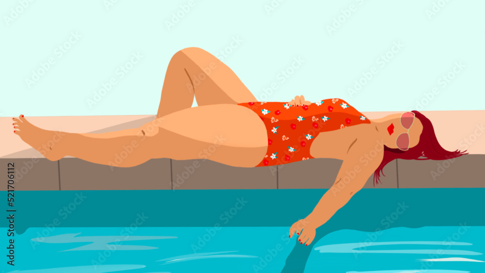 Illustration femme sexy un peu ronde en maillot bain au bord piscine