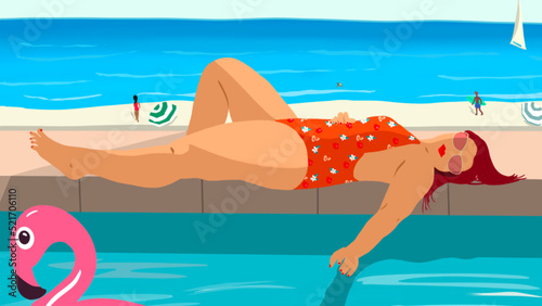 Illustration femme en maillot de bain fleuri au bord de la piscine